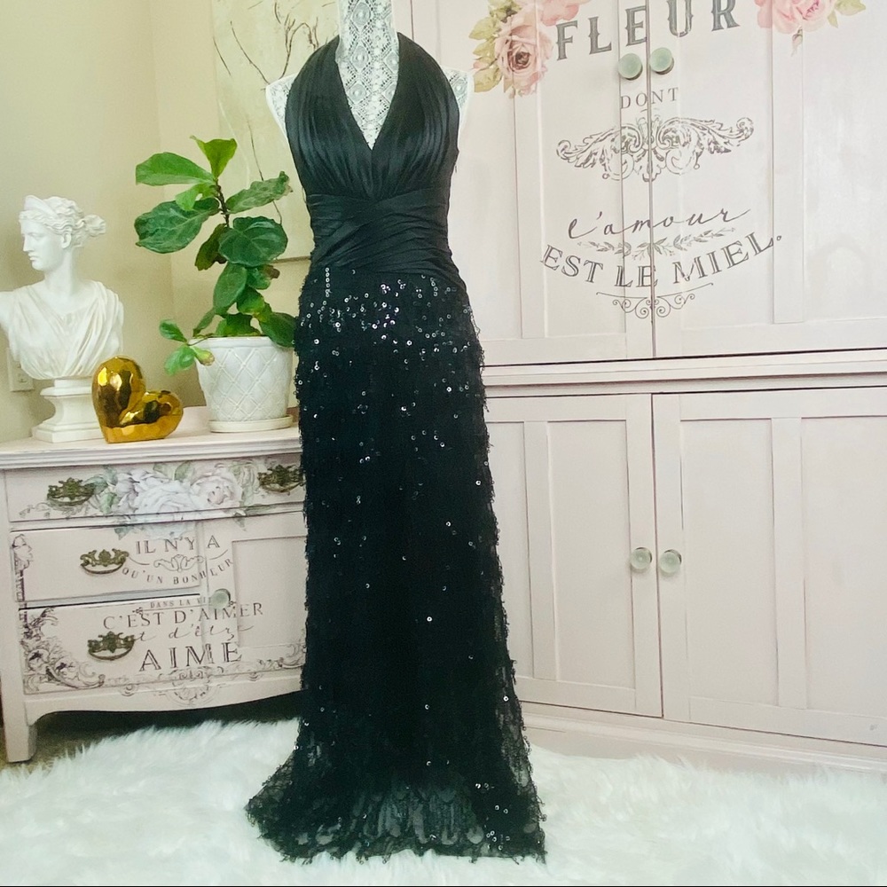 TADASHI SHOJI Black Sequin Sheath Maxi Dress sz 4